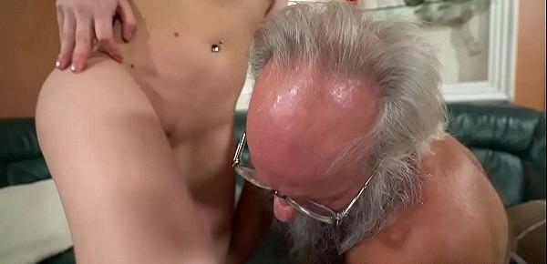  Naughty grandpa Albert is so excited to fuck this sexy teen neighbor Kiara Night. She is horny and strips down before jumping on his cock.